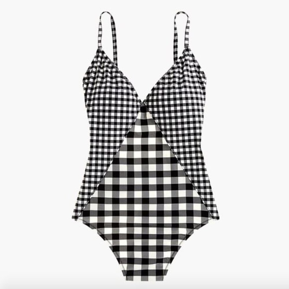 J Crew Deep V neck One piece Swimsuit Black and Ivory Gingham Size 8 NWT